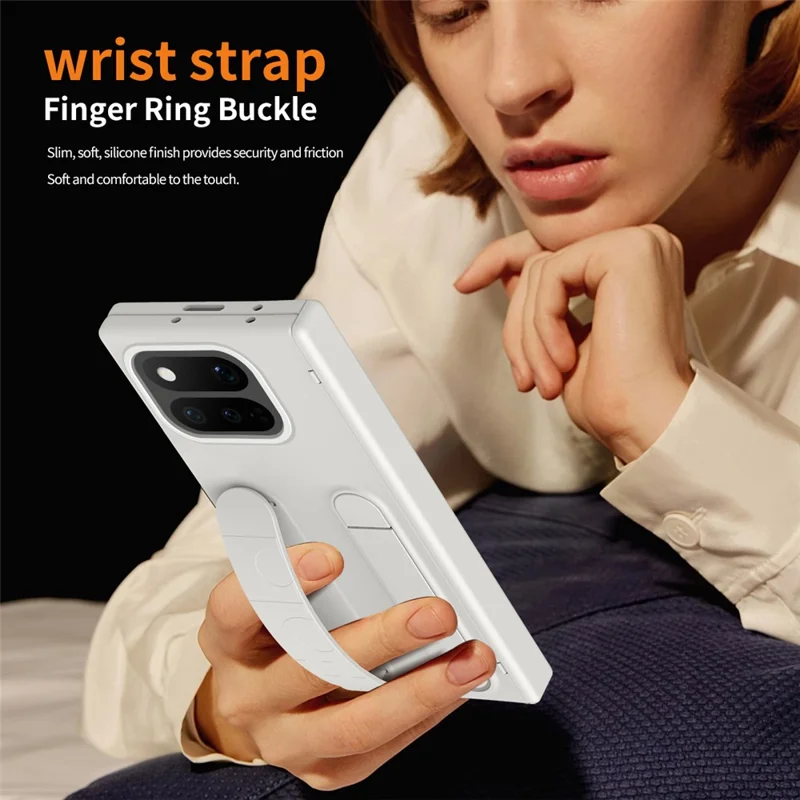 For Google Pixel 11 Pro Fold Case Kickstand Wristband PC Phone Cover with Tempered Glass Film - White