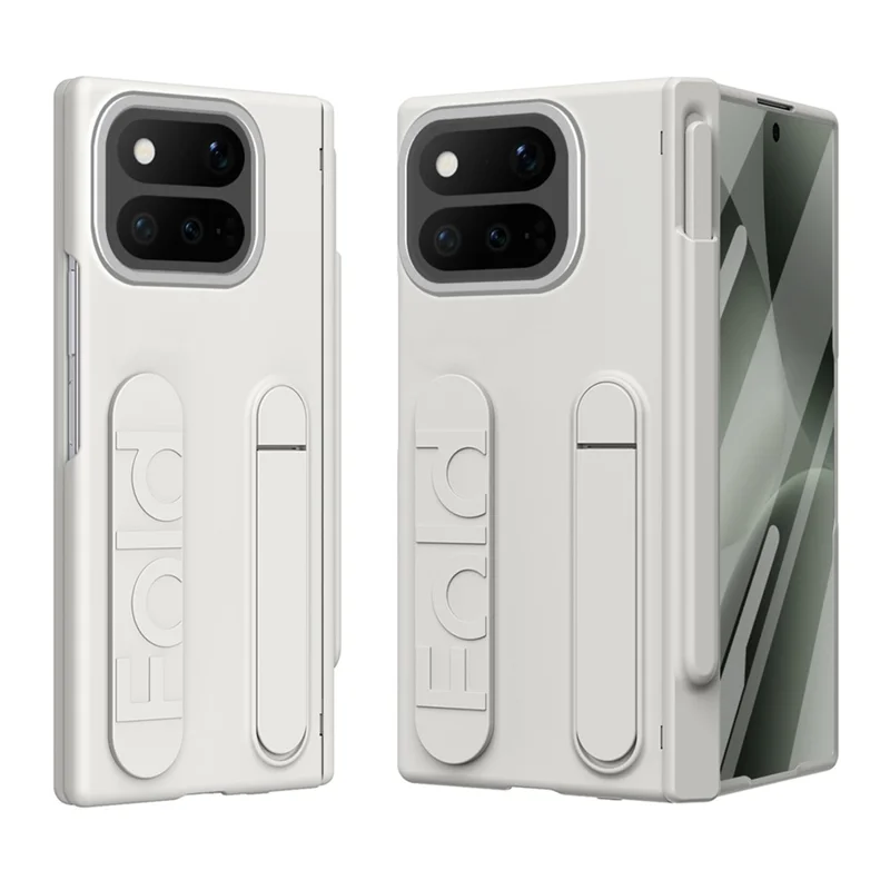 For Google Pixel 11 Pro Fold Case Kickstand Wristband Hard PC Phone Cover with Tempered Glass  /  Stylus - White