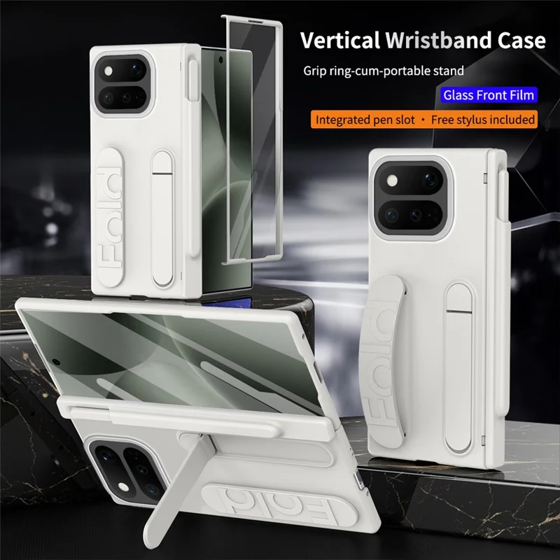 For Google Pixel 11 Pro Fold Case Kickstand Wristband Hard PC Phone Cover with Tempered Glass  /  Stylus - White