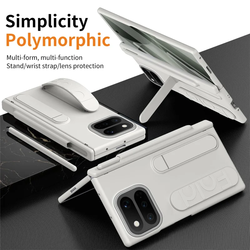 For Google Pixel 11 Pro Fold Case Kickstand Wristband Hard PC Phone Cover with Tempered Glass  /  Stylus - White