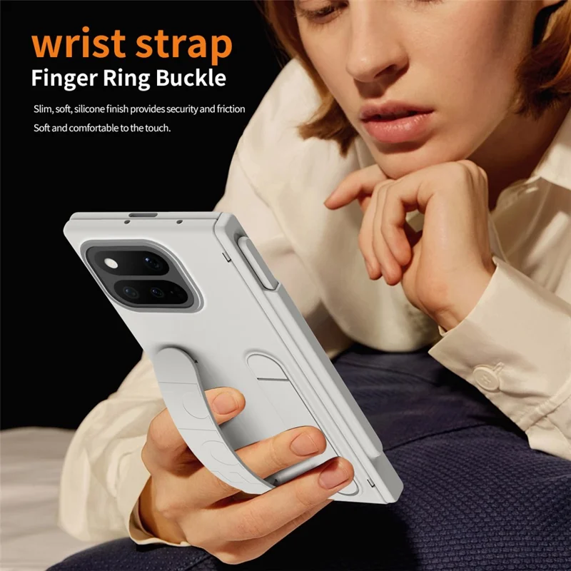 For Google Pixel 11 Pro Fold Case Kickstand Wristband Hard PC Phone Cover with Tempered Glass  /  Stylus - White