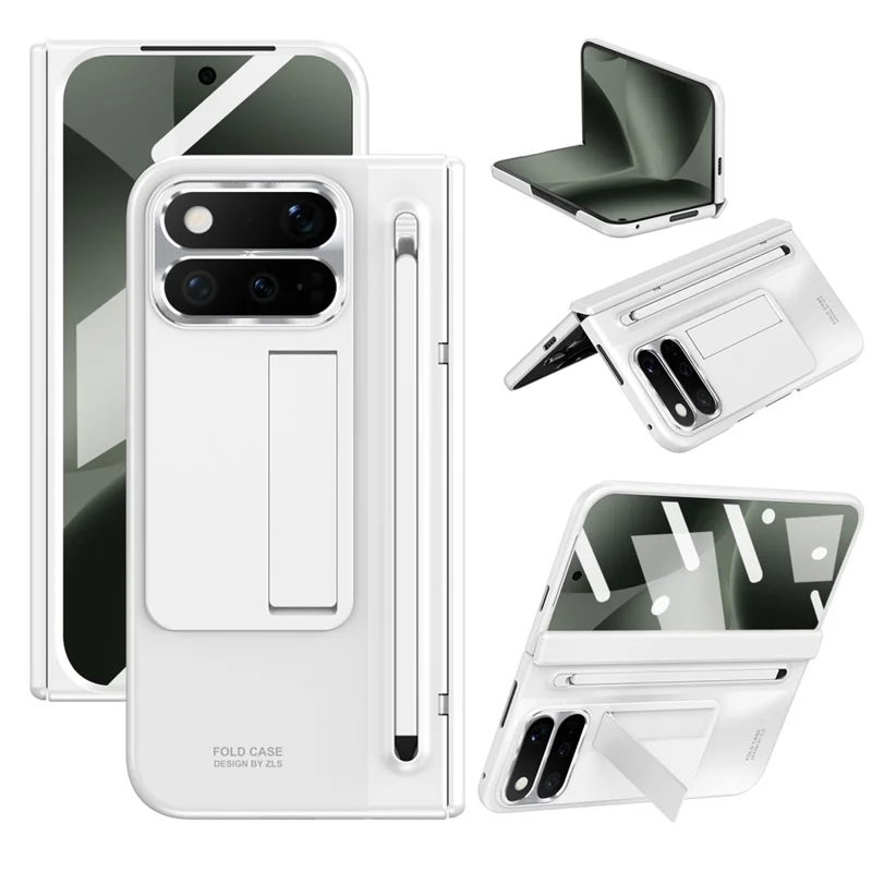 For Google Pixel 11 Pro Fold Case Kickstand Hinge PC Phone Cover with Tempered Glass Film, Stylus - White