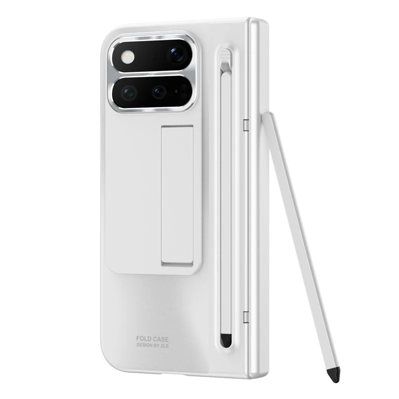 For Google Pixel 11 Pro Fold Case Kickstand Hinge PC Phone Cover with Tempered Glass Film, Stylus - White