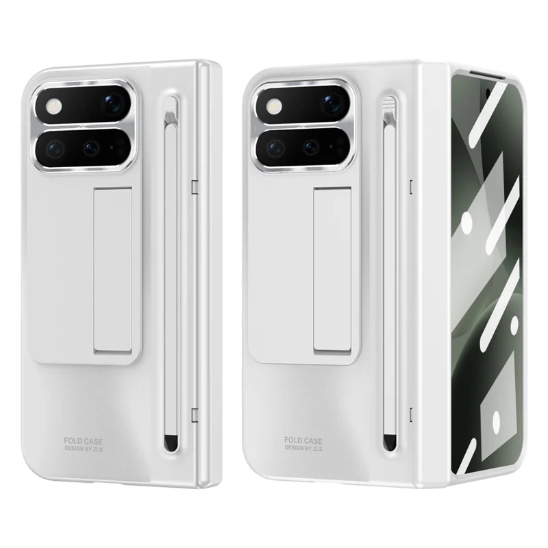 For Google Pixel 11 Pro Fold Case Kickstand Hinge PC Phone Cover with Tempered Glass Film, Stylus - White