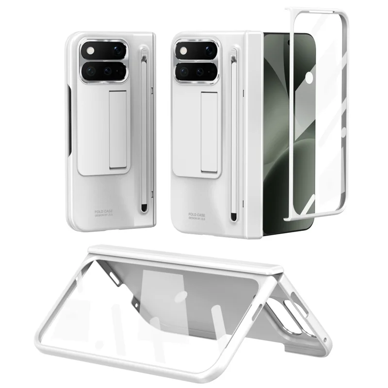 For Google Pixel 11 Pro Fold Case Kickstand Hinge PC Phone Cover with Tempered Glass Film, Stylus - White