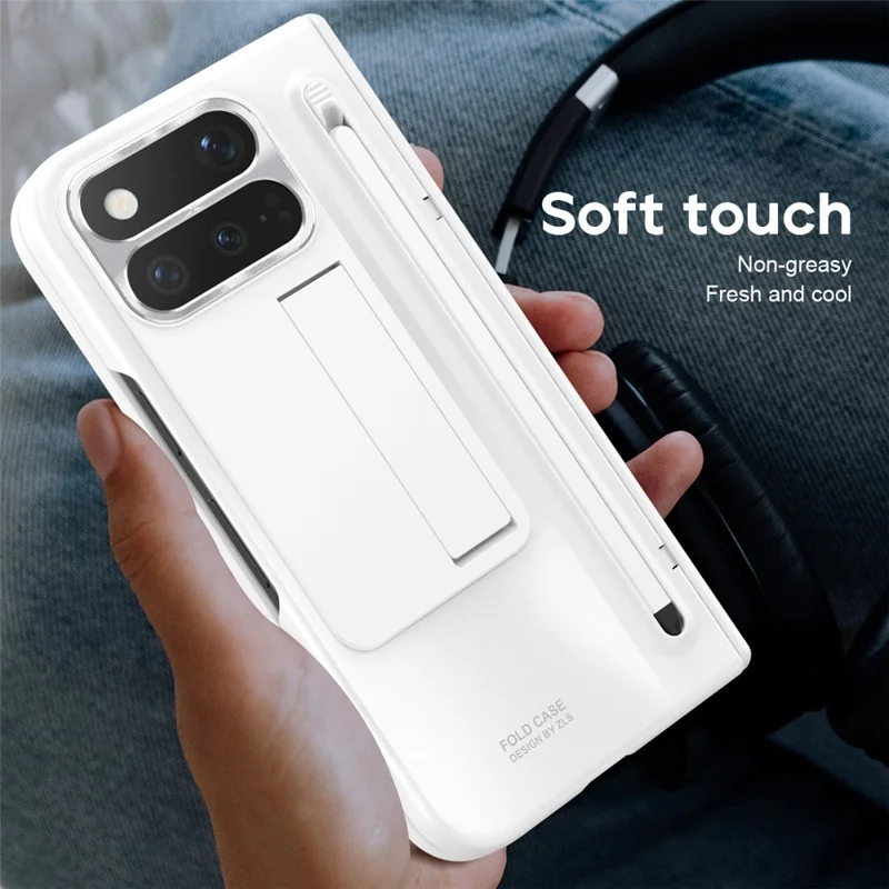 For Google Pixel 11 Pro Fold Case Kickstand Hinge PC Phone Cover with Tempered Glass Film, Stylus - White