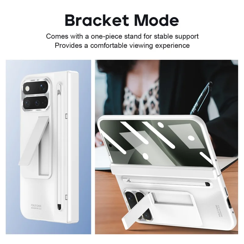 For Google Pixel 11 Pro Fold Case Kickstand Hinge PC Phone Cover with Tempered Glass Film, Stylus - White