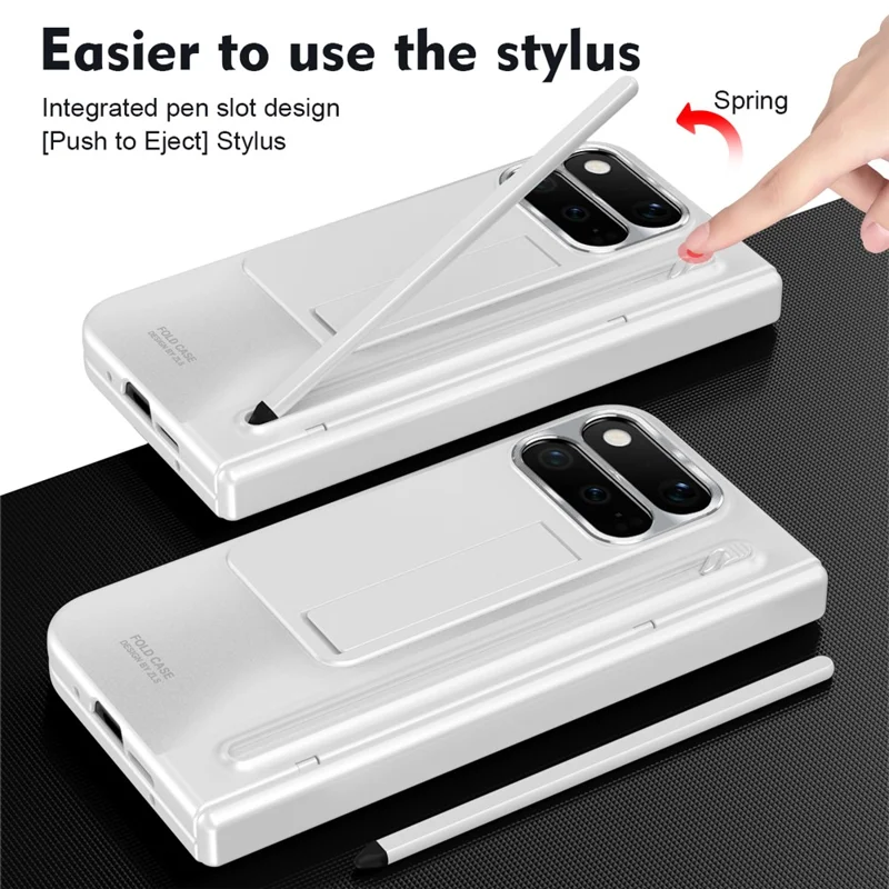 For Google Pixel 11 Pro Fold Case Kickstand Hinge PC Phone Cover with Tempered Glass Film, Stylus - White