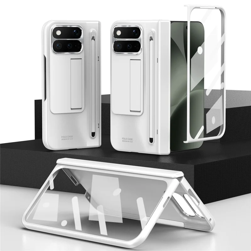 For Google Pixel 11 Pro Fold Case Kickstand Hinge PC Phone Cover with Tempered Glass Film, Stylus - White