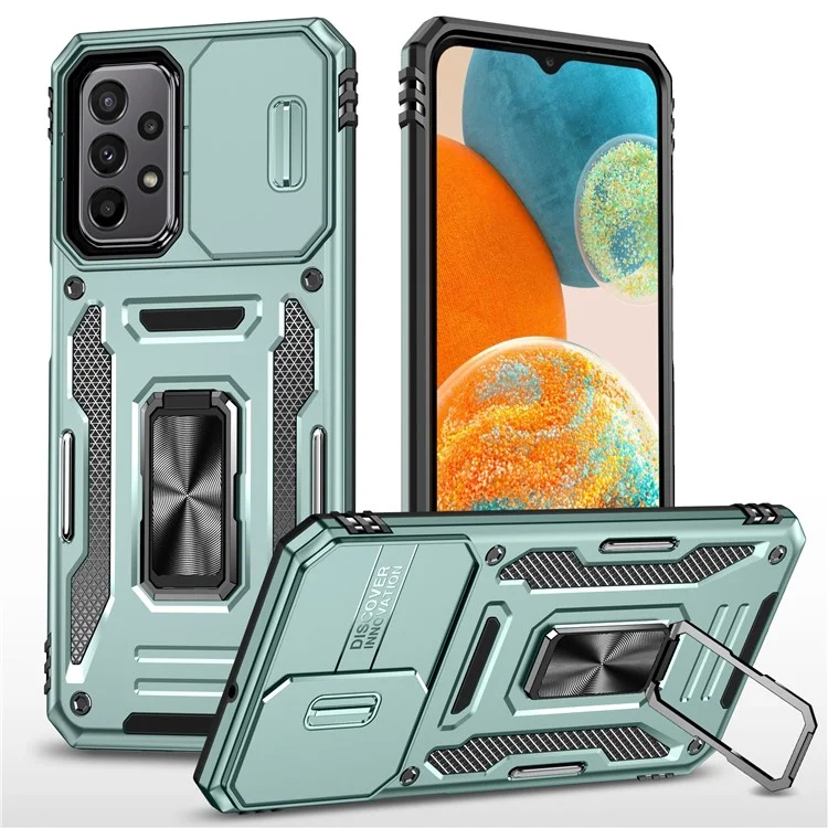 Serie Armor para Samsung Galaxy A23 4G / 5G (Versión Global) Diseño con Soporte Telefónico Funda Protectora de Teléfono de PC + TPU con Tapa Deslizante para la Cámara - Verde