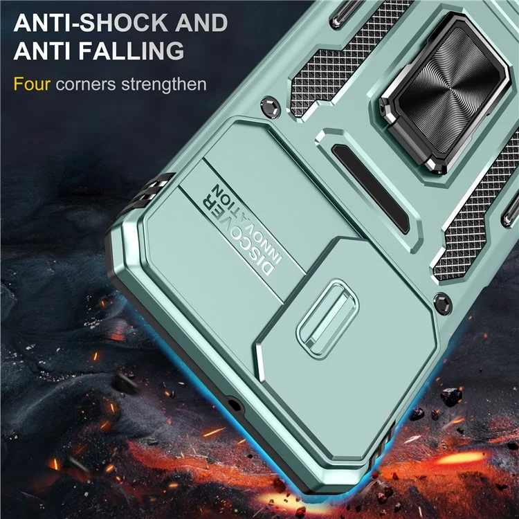 Serie Armor para Samsung Galaxy A23 4G / 5G (Versión Global) Diseño con Soporte Telefónico Funda Protectora de Teléfono de PC + TPU con Tapa Deslizante para la Cámara - Verde