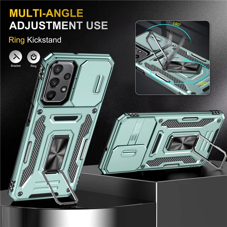 Serie Armor para Samsung Galaxy A23 4G / 5G (Versión Global) Diseño con Soporte Telefónico Funda Protectora de Teléfono de PC + TPU con Tapa Deslizante para la Cámara - Verde