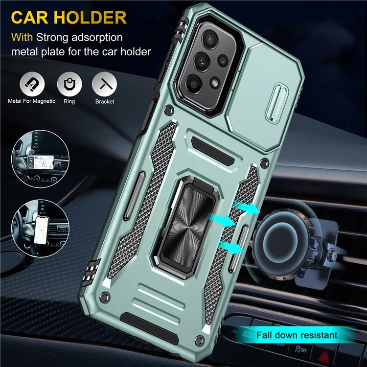 Serie Armor para Samsung Galaxy A23 4G / 5G (Versión Global) Diseño con Soporte Telefónico Funda Protectora de Teléfono de PC + TPU con Tapa Deslizante para la Cámara - Verde