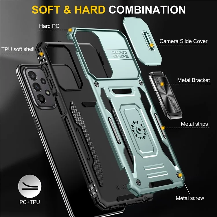 Serie Armor para Samsung Galaxy A23 4G / 5G (Versión Global) Diseño con Soporte Telefónico Funda Protectora de Teléfono de PC + TPU con Tapa Deslizante para la Cámara - Verde