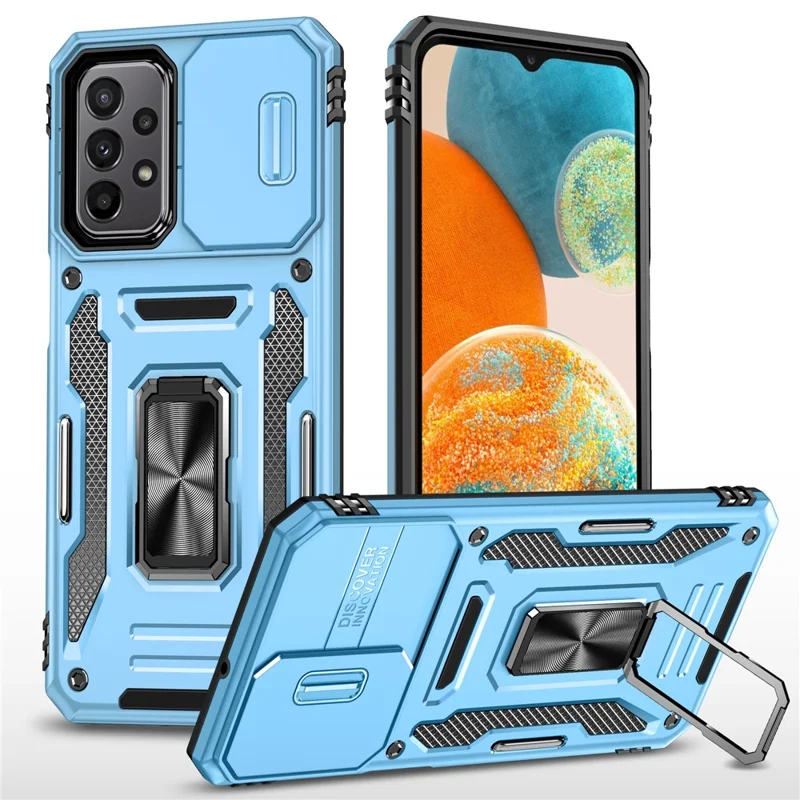 Armor Series for Samsung Galaxy A23 4G / 5G (Global Version) Kickstand Design Phone Case PC + TPU Protective Back Cover with Slide Camera Cover - Sky Blue