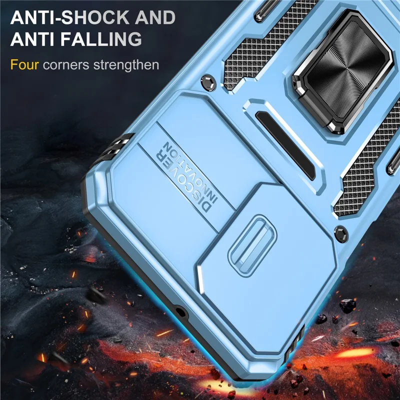 Armor Series for Samsung Galaxy A23 4G / 5G (Global Version) Kickstand Design Phone Case PC + TPU Protective Back Cover with Slide Camera Cover - Sky Blue