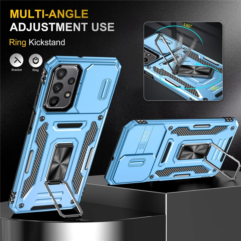 Armor Series for Samsung Galaxy A23 4G / 5G (Global Version) Kickstand Design Phone Case PC + TPU Protective Back Cover with Slide Camera Cover - Sky Blue