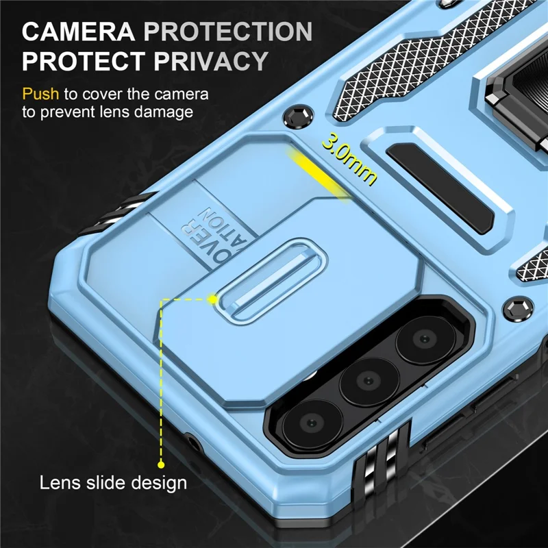 Armor Series for Samsung Galaxy A23 4G / 5G (Global Version) Kickstand Design Phone Case PC + TPU Protective Back Cover with Slide Camera Cover - Sky Blue