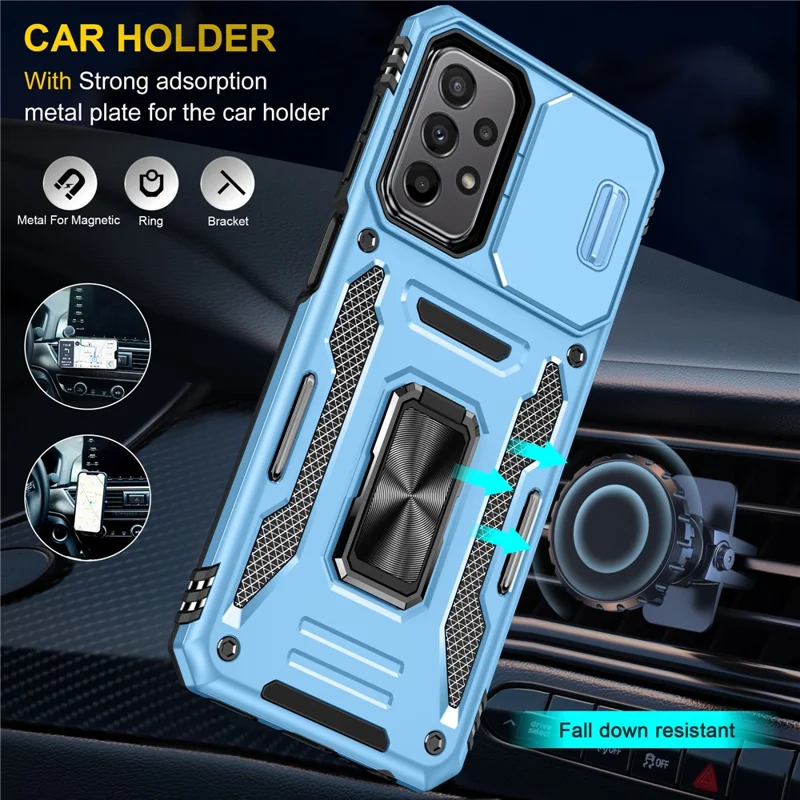 Armor Series for Samsung Galaxy A23 4G / 5G (Global Version) Kickstand Design Phone Case PC + TPU Protective Back Cover with Slide Camera Cover - Sky Blue