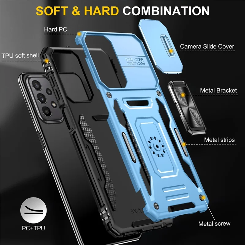 Armor Series for Samsung Galaxy A23 4G / 5G (Global Version) Kickstand Design Phone Case PC + TPU Protective Back Cover with Slide Camera Cover - Sky Blue