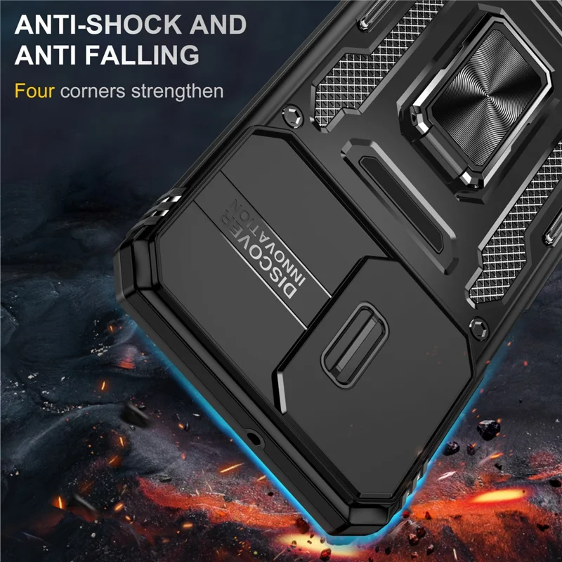 Серия Armor для Samsung Galaxy A23 4G / 5G (глобальная версия) Чехол для телефона с подставкой PC + TPU Защитный чехол для задней панели со сдвижной крышкой камеры - черный