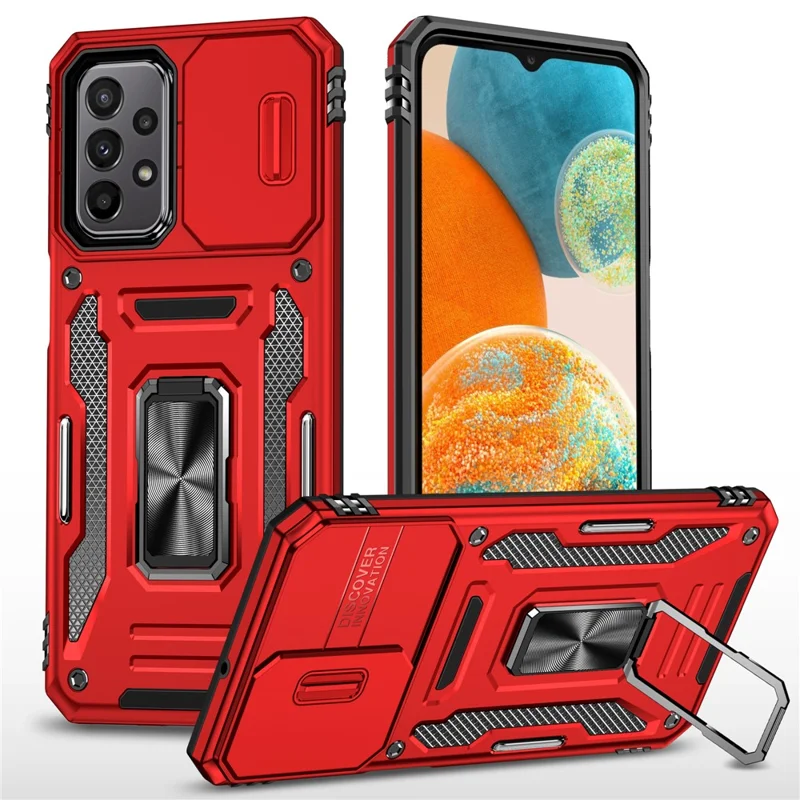 Serie Armor per Samsung Galaxy A23 4G / 5G (Versione Globale) Custodia con Supporto Interno, Custodia Protettiva in PC + TPU con Copertura Scorrevole per la Fotocamera - Rosso