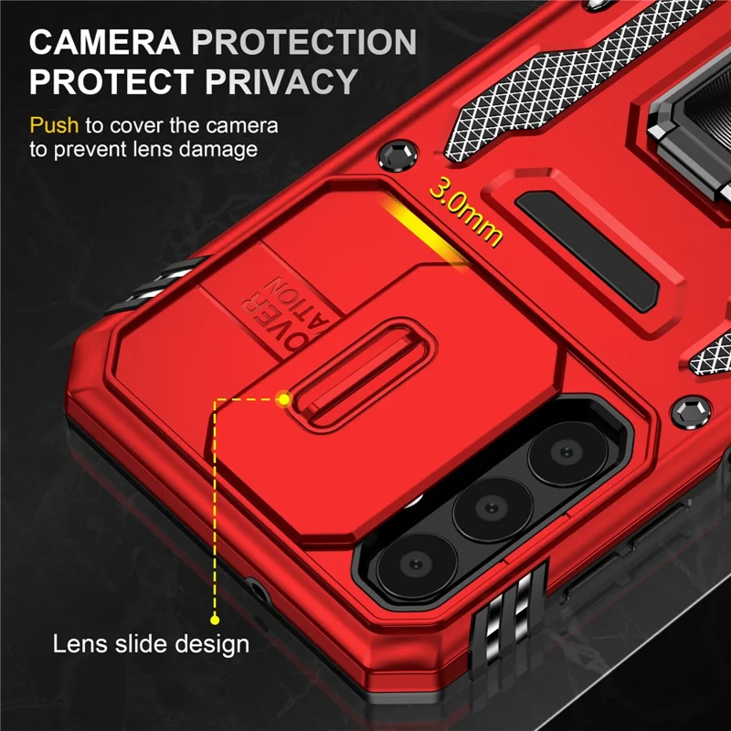 Serie Armor per Samsung Galaxy A23 4G / 5G (Versione Globale) Custodia con Supporto Interno, Custodia Protettiva in PC + TPU con Copertura Scorrevole per la Fotocamera - Rosso
