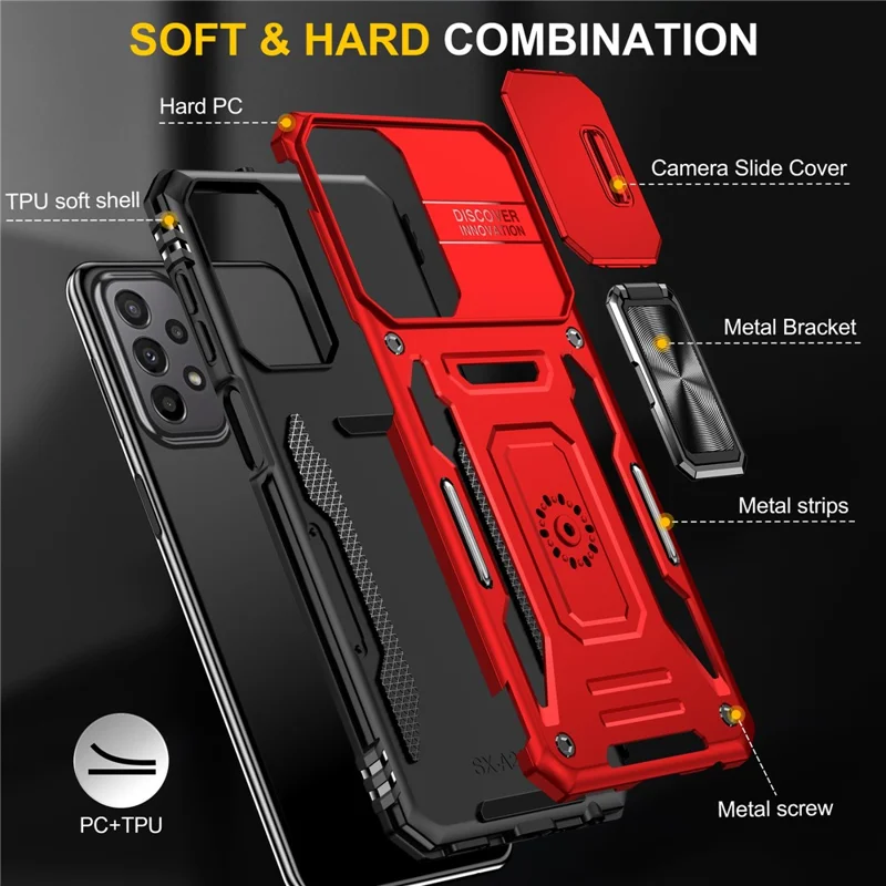 Serie Armor per Samsung Galaxy A23 4G / 5G (Versione Globale) Custodia con Supporto Interno, Custodia Protettiva in PC + TPU con Copertura Scorrevole per la Fotocamera - Rosso
