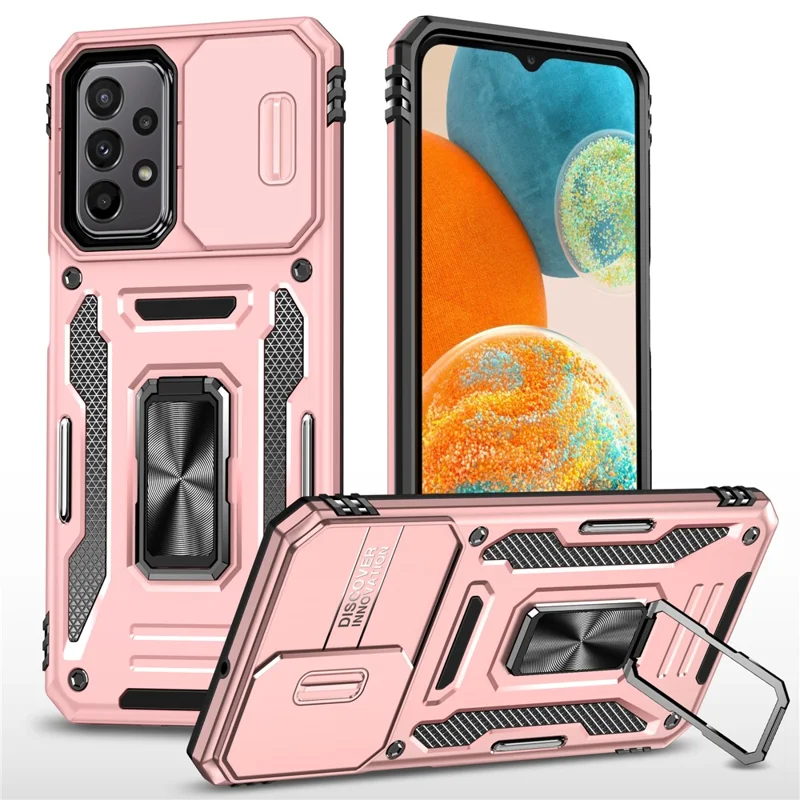 Armor Series for Samsung Galaxy A23 4G / 5G (Global Version) Kickstand Design Phone Case PC + TPU Protective Back Cover with Slide Camera Cover - Rose Gold