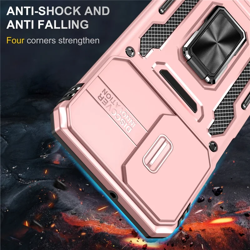 Armor Series for Samsung Galaxy A23 4G / 5G (Global Version) Kickstand Design Phone Case PC + TPU Protective Back Cover with Slide Camera Cover - Rose Gold