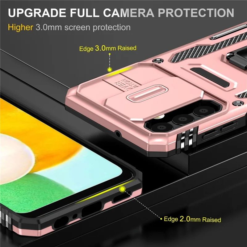 Armor Series for Samsung Galaxy A23 4G / 5G (Global Version) Kickstand Design Phone Case PC + TPU Protective Back Cover with Slide Camera Cover - Rose Gold