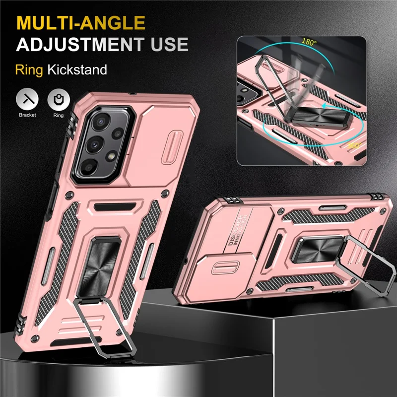 Armor Series for Samsung Galaxy A23 4G / 5G (Global Version) Kickstand Design Phone Case PC + TPU Protective Back Cover with Slide Camera Cover - Rose Gold