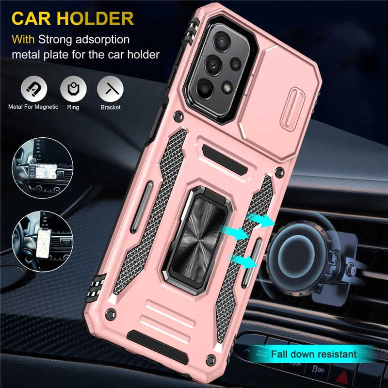 Armor Series for Samsung Galaxy A23 4G / 5G (Global Version) Kickstand Design Phone Case PC + TPU Protective Back Cover with Slide Camera Cover - Rose Gold