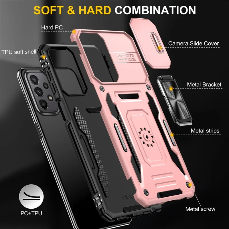 Armor Series for Samsung Galaxy A23 4G / 5G (Global Version) Kickstand Design Phone Case PC + TPU Protective Back Cover with Slide Camera Cover - Rose Gold