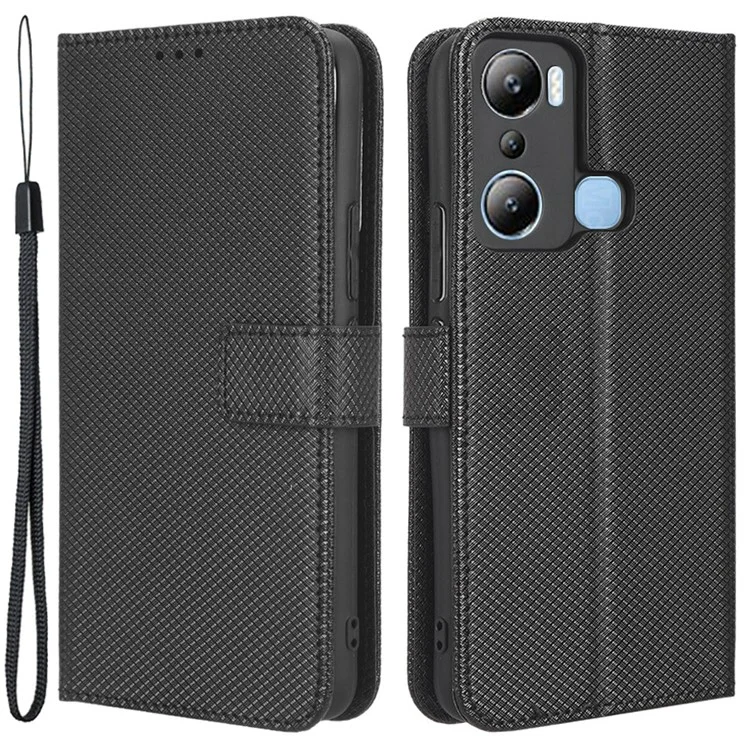 Per Infinix Hot 20i 4G X665C / X665E Custodia in Pelle PU con Texture a Diamante, Protezione Completa, Stand, Portafoglio, Custodia per Telefono con Cinturino - Nero