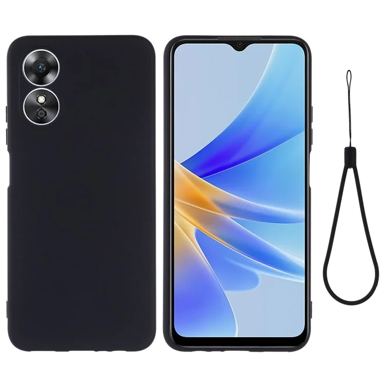 Für Oppo A17 4G / A17k 4G rutschfeste flüssige Silikonhandy-Hülle stoßfeste rückseite mit Riemen - Schwarz