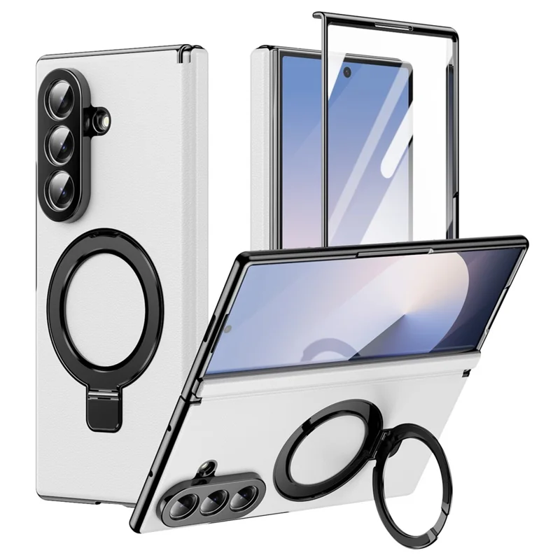 For Samsung Galaxy Z Fold8 Magnetic Case with Kickstand PU Leather Coated PC Phone Cover with Tempered Glass Screen Protector - White
