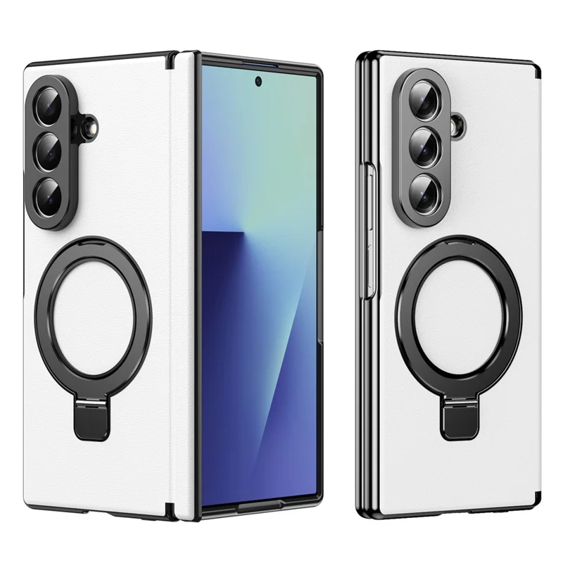 For Samsung Galaxy Z Fold8 Magnetic Case with Kickstand PU Leather Coated PC Phone Cover with Tempered Glass Screen Protector - White