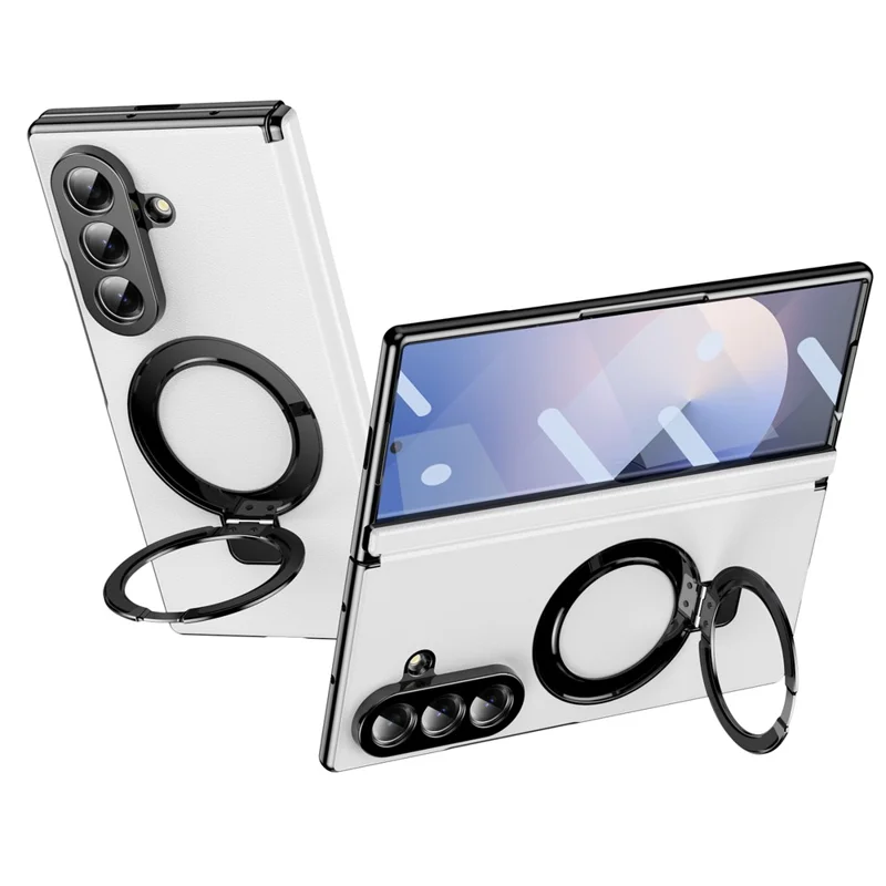 For Samsung Galaxy Z Fold8 Magnetic Case with Kickstand PU Leather Coated PC Phone Cover with Tempered Glass Screen Protector - White