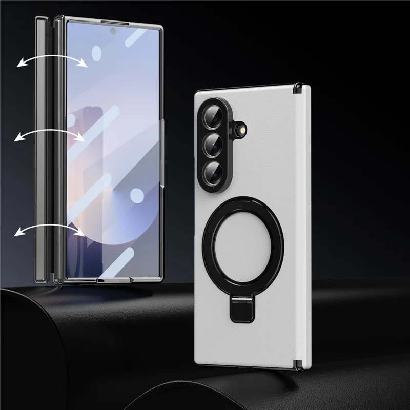 For Samsung Galaxy Z Fold8 Magnetic Case with Kickstand PU Leather Coated PC Phone Cover with Tempered Glass Screen Protector - White