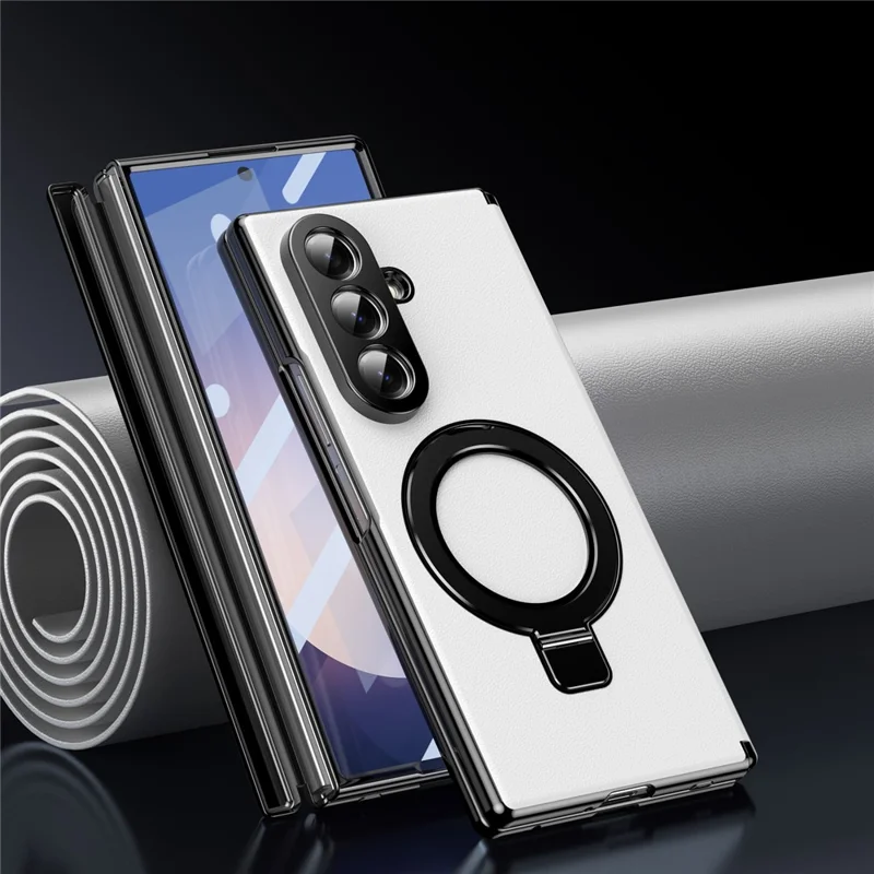 For Samsung Galaxy Z Fold8 Magnetic Case with Kickstand PU Leather Coated PC Phone Cover with Tempered Glass Screen Protector - White