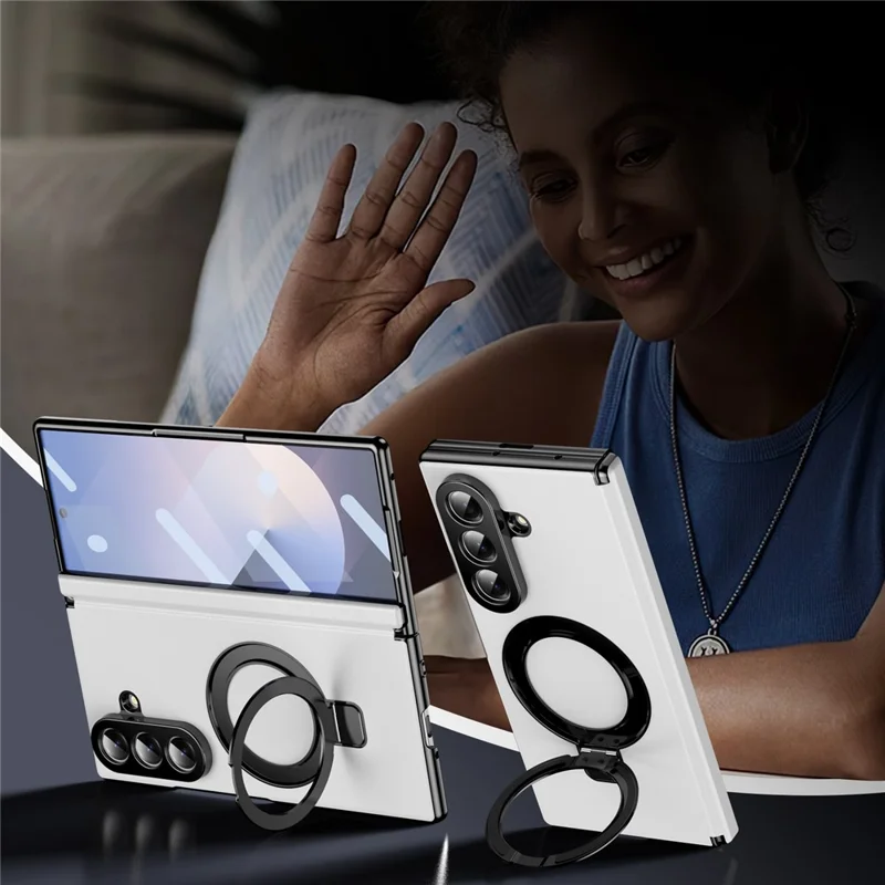 For Samsung Galaxy Z Fold8 Magnetic Case with Kickstand PU Leather Coated PC Phone Cover with Tempered Glass Screen Protector - White