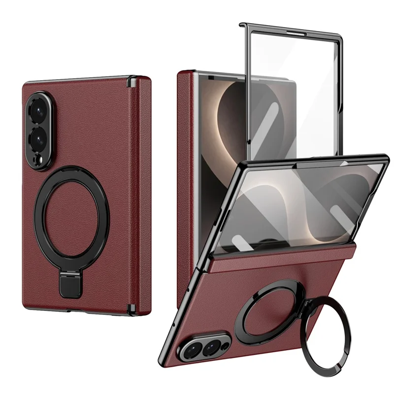Voor Samsung Galaxy Z Fold 8 Brede Magnetische Hoes met Steunvoet PU Leren Gecoate PC Telefoonhoes met Gehard Glas Beschermfolie - Rood