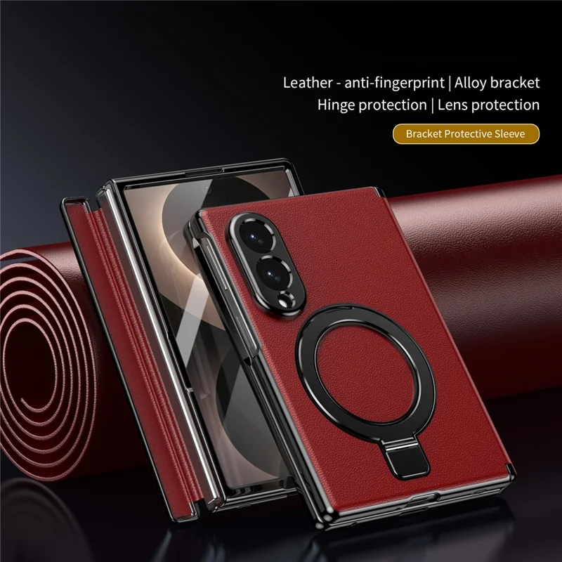 Voor Samsung Galaxy Z Fold 8 Brede Magnetische Hoes met Steunvoet PU Leren Gecoate PC Telefoonhoes met Gehard Glas Beschermfolie - Rood