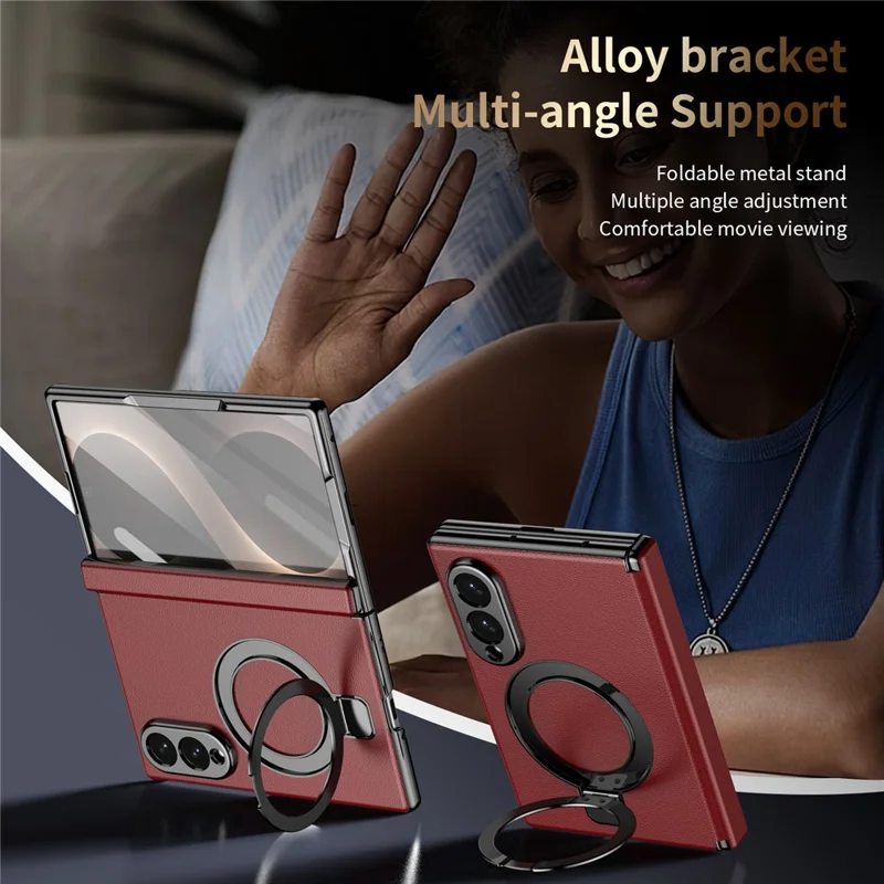 Voor Samsung Galaxy Z Fold 8 Brede Magnetische Hoes met Steunvoet PU Leren Gecoate PC Telefoonhoes met Gehard Glas Beschermfolie - Rood
