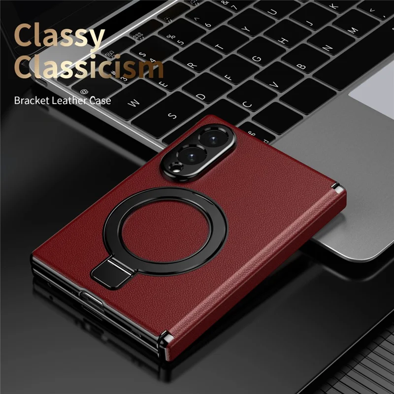 Voor Samsung Galaxy Z Fold 8 Brede Magnetische Hoes met Steunvoet PU Leren Gecoate PC Telefoonhoes met Gehard Glas Beschermfolie - Rood