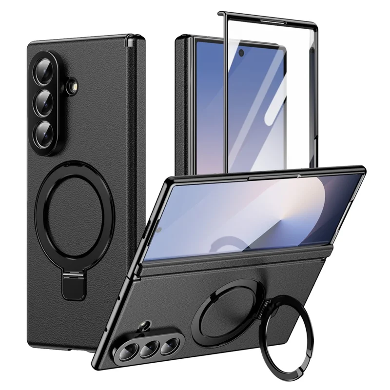 For Samsung Galaxy Z Fold7 5G Magnetic Case with Kickstand PU Leather Coated PC Phone Cover with Tempered Glass Screen Protector - Black