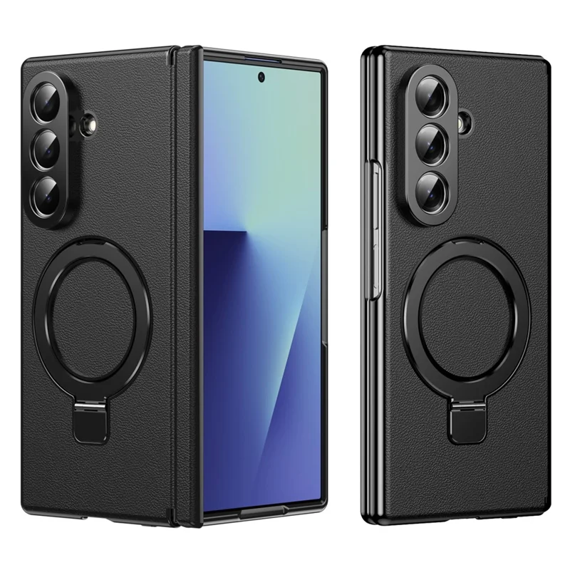For Samsung Galaxy Z Fold7 5G Magnetic Case with Kickstand PU Leather Coated PC Phone Cover with Tempered Glass Screen Protector - Black