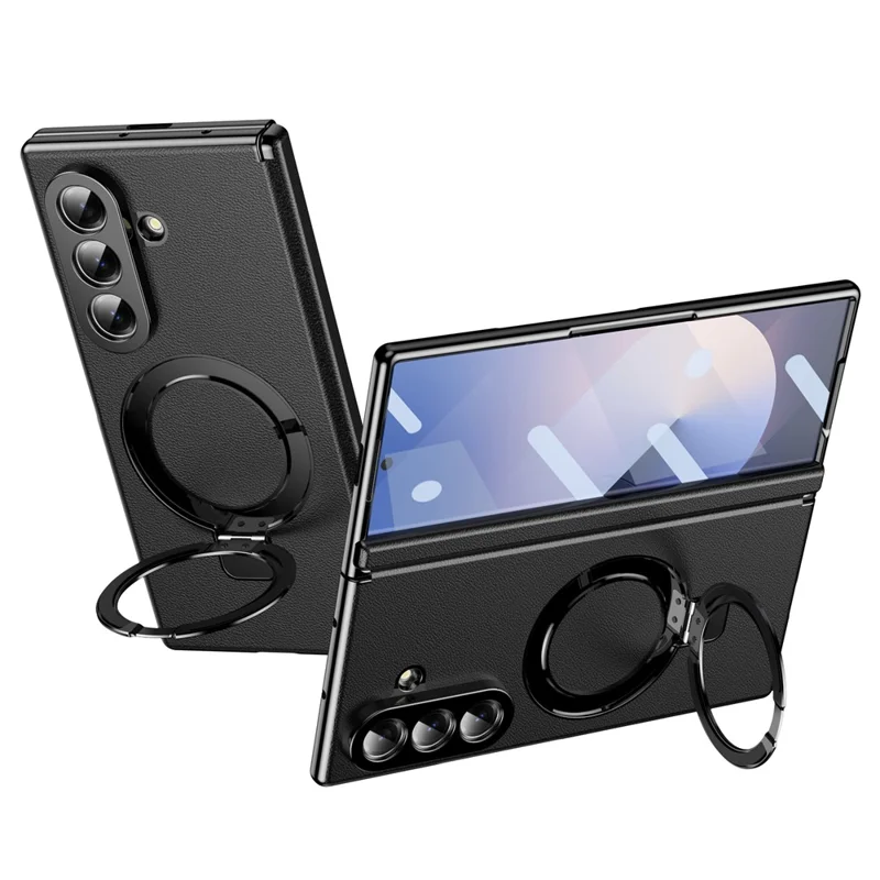 For Samsung Galaxy Z Fold7 5G Magnetic Case with Kickstand PU Leather Coated PC Phone Cover with Tempered Glass Screen Protector - Black