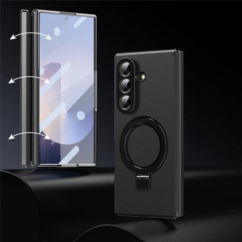 For Samsung Galaxy Z Fold7 5G Magnetic Case with Kickstand PU Leather Coated PC Phone Cover with Tempered Glass Screen Protector - Black